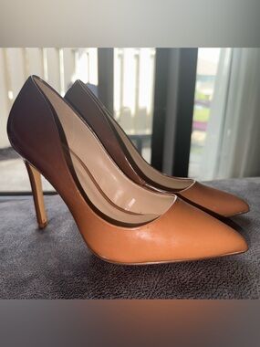 Aldo Two-Tone Tan and Dark Brown Patent Pointed-Toe Pumps